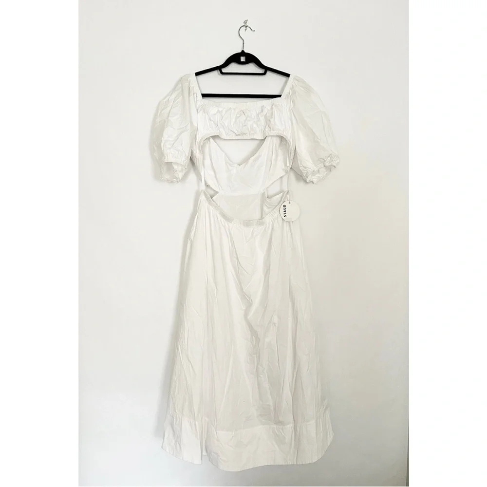 NWT Staud Carina Cut Out Puff Sleeves Midi Dress Size XL White Romantic Feminine - Picture 13 of 15